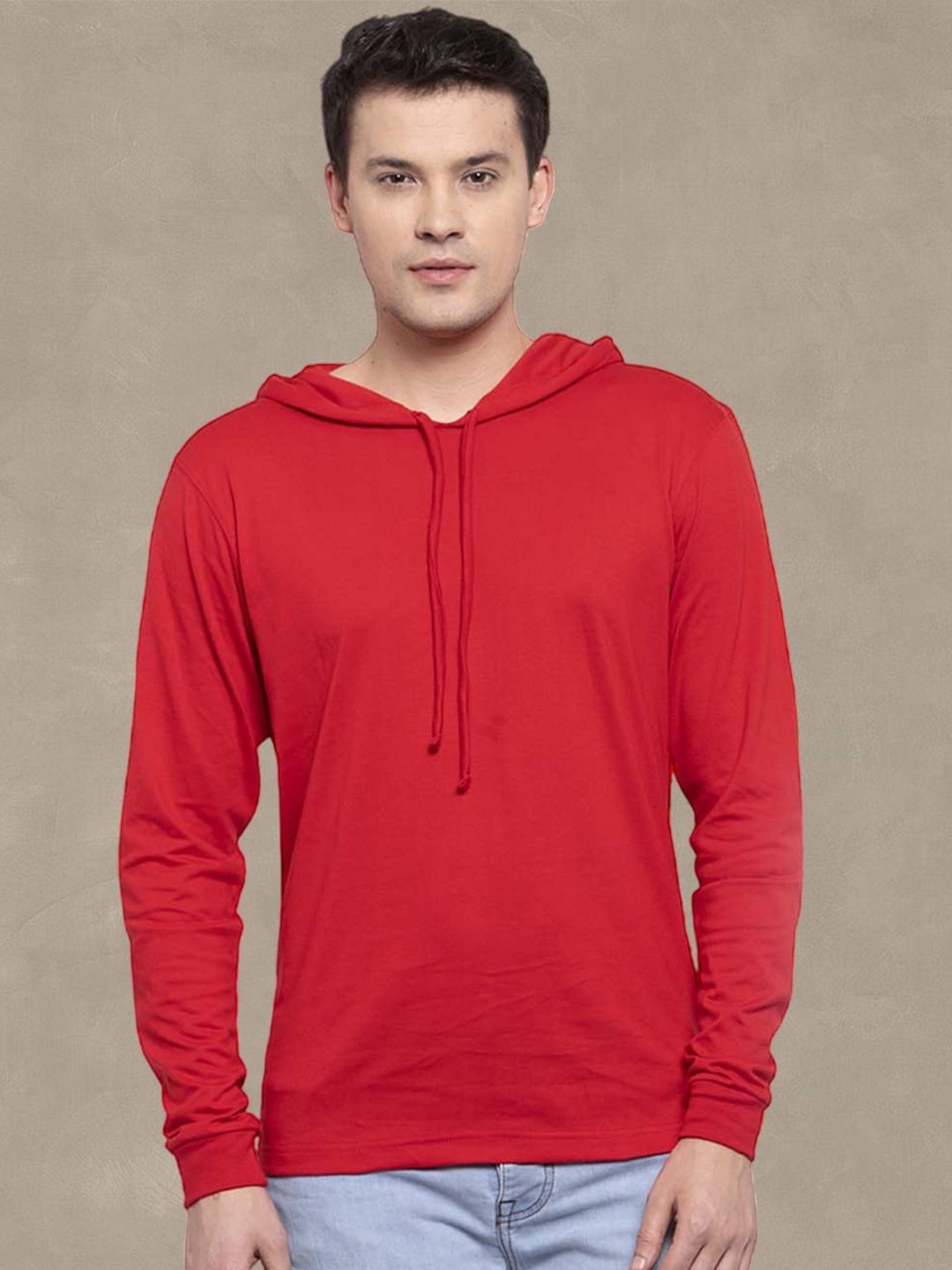 

Friskers Men Red Cotton Solid Hoodie T-shirt