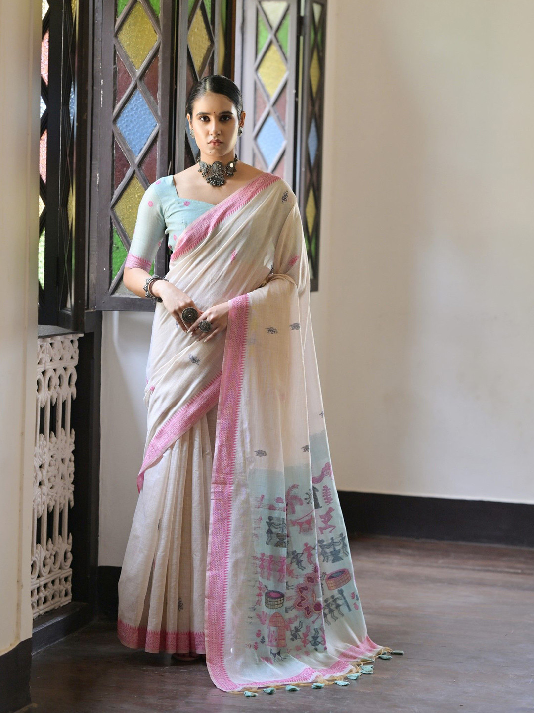 

Kandora Ethnic Motifs Pure Silk Muga Saree, Pink