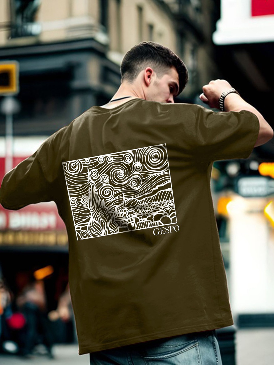 

GESPO Men Graphic Printed Round Neck Pure Cotton Oversized T-shirt, Green