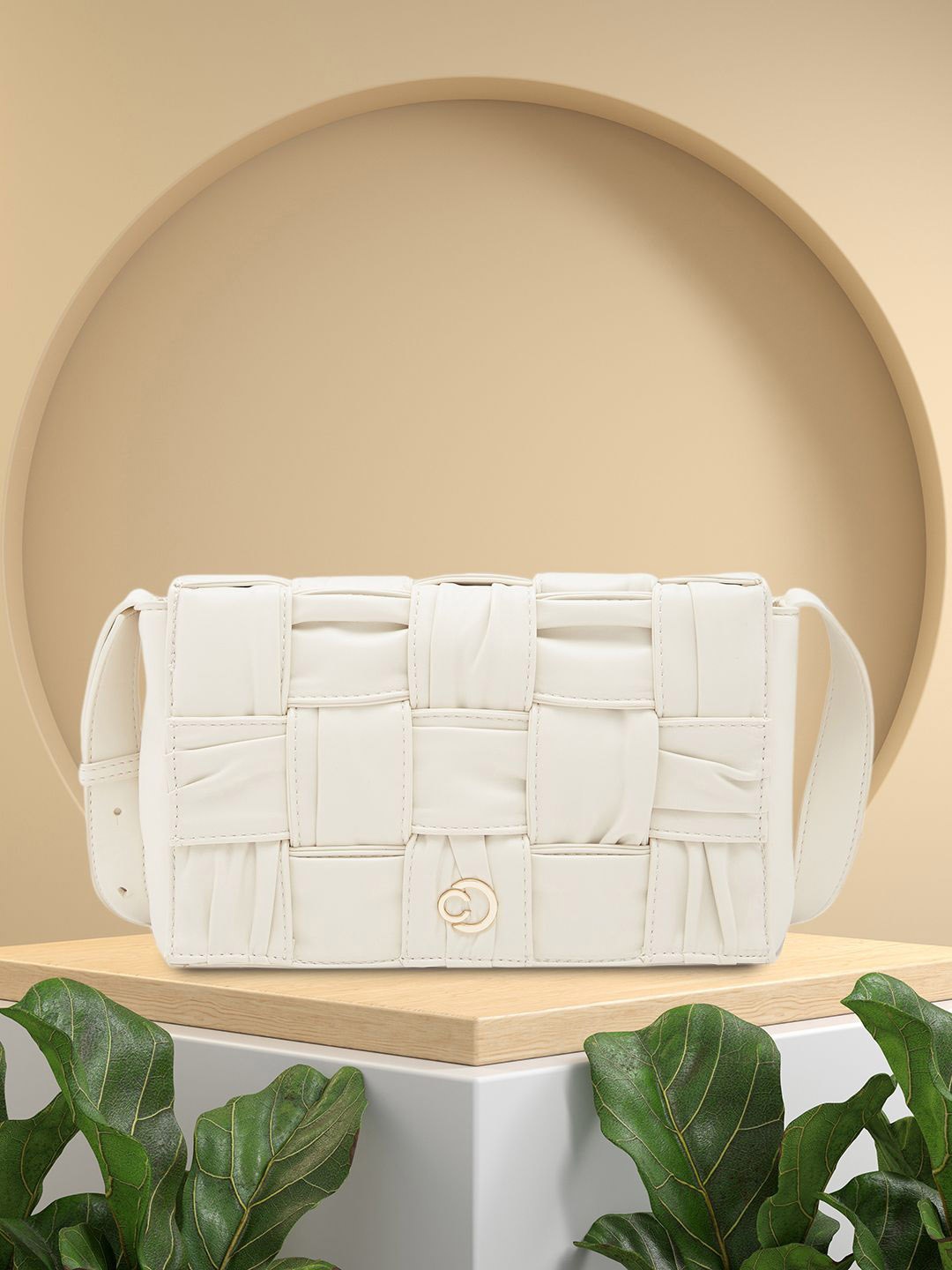 

Caprese Textured PU Structured Sling Bag with Buckle Detail, Cream