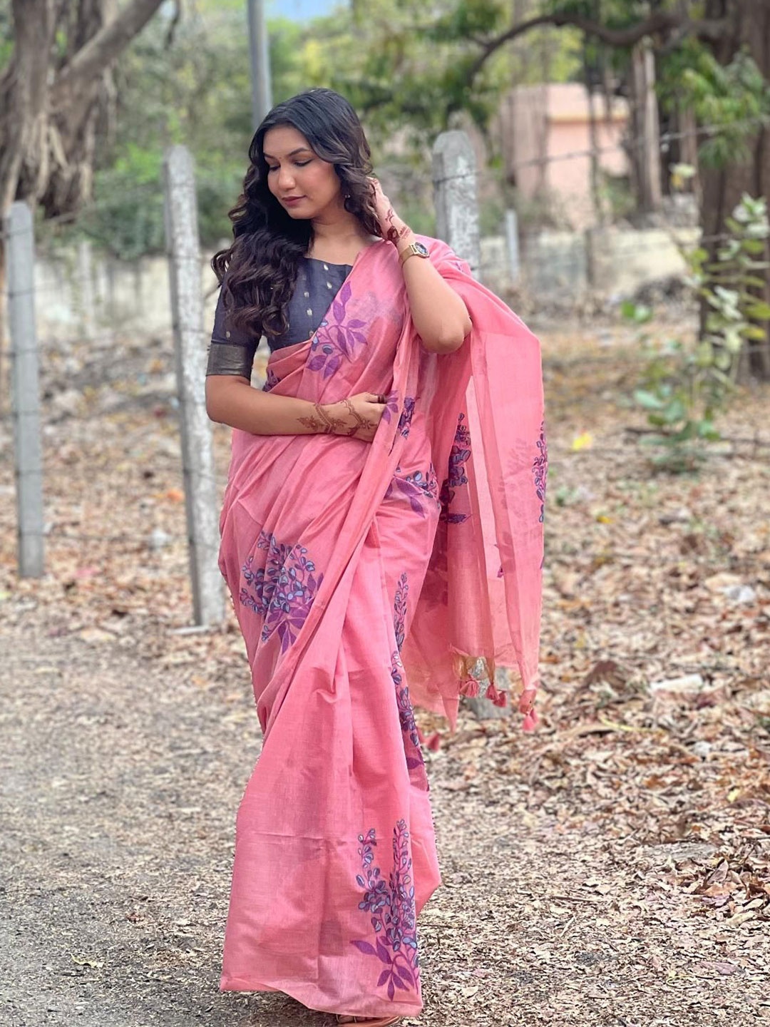 

Kandora Floral Pure Silk Muga Saree, Pink