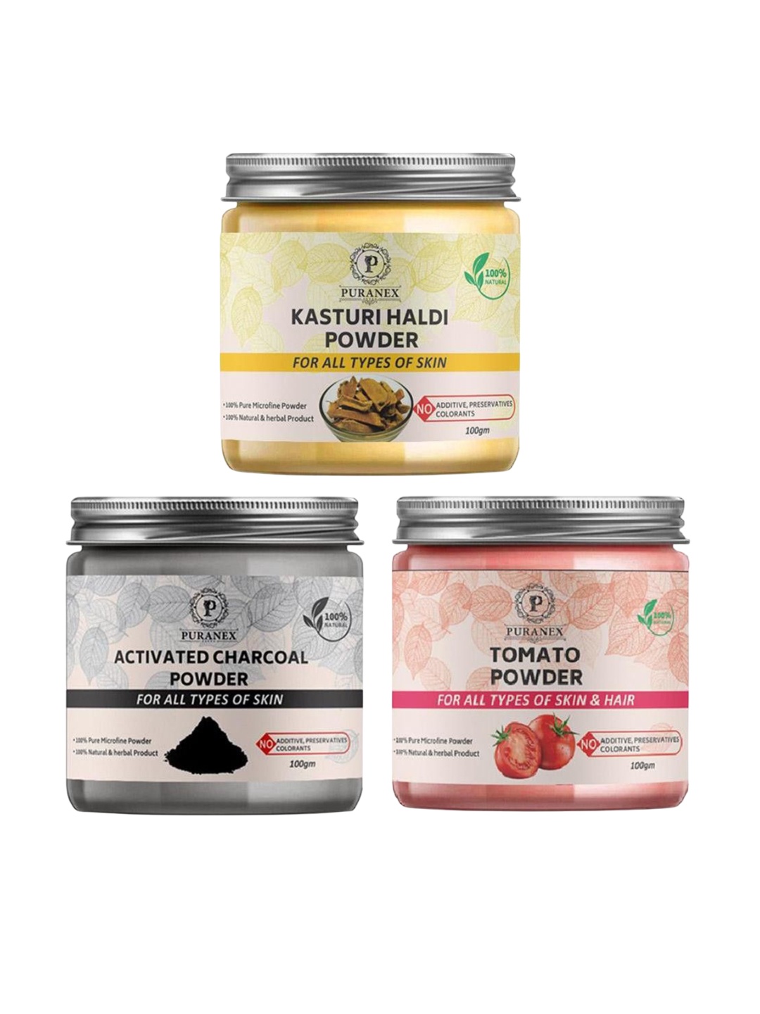 

Puranex Set Of 3 Haldi, Tomato & Charcoal Skin & Hair Powder-100 g Each, White