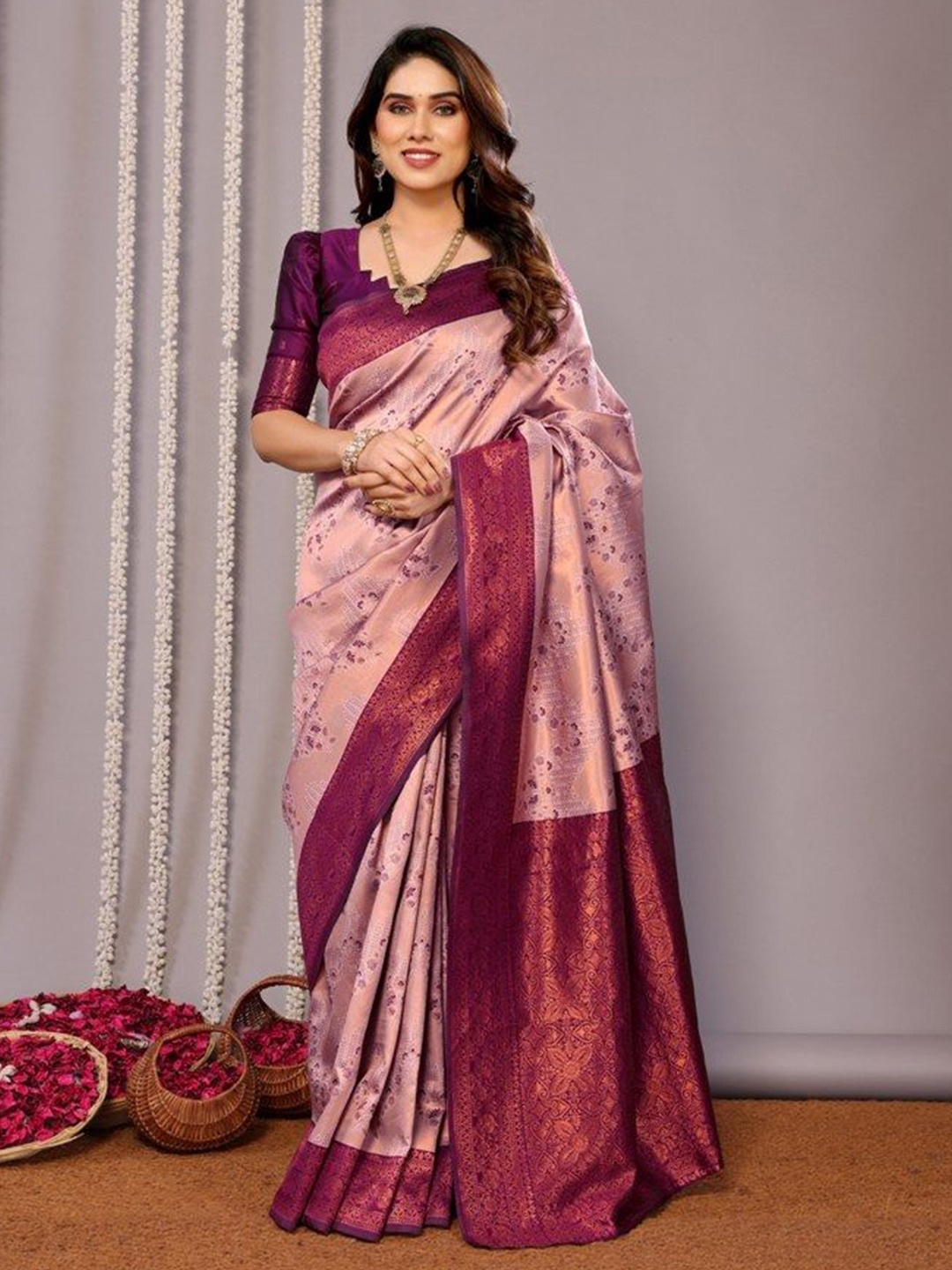 

RASVRITI Woven Design Zari Art Silk Banarasi Saree, Peach