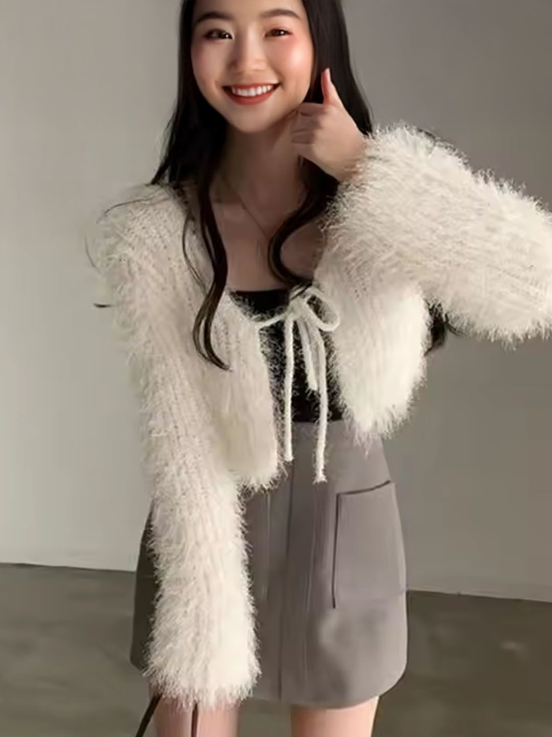 

StyleCast Women Striped Woollen Crop Cardigan with Fuzzy Detail, White