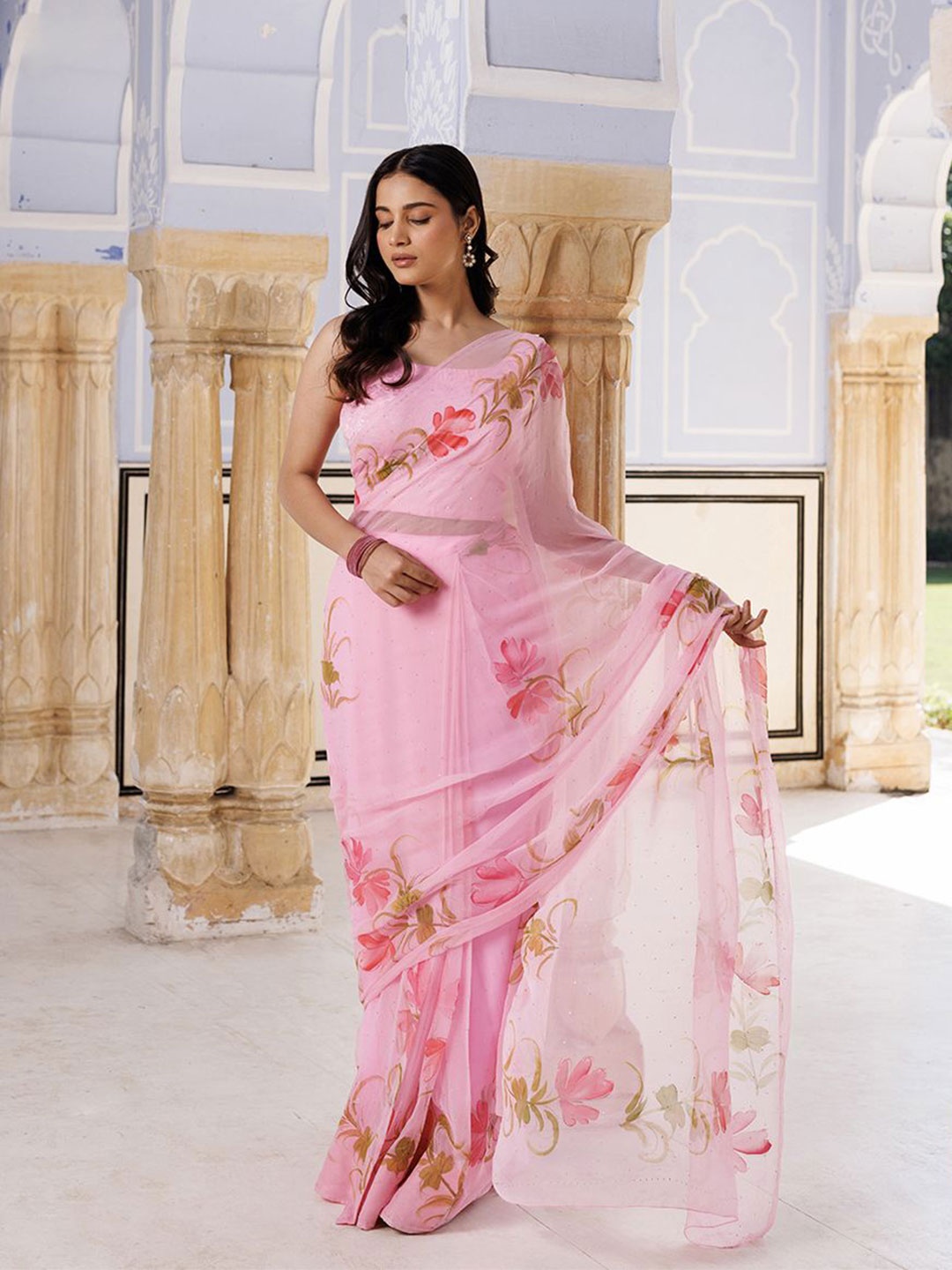 

Geroo Luxe Floral Printed Mukaish Pure Chiffon Ready to Wear Saree, Pink
