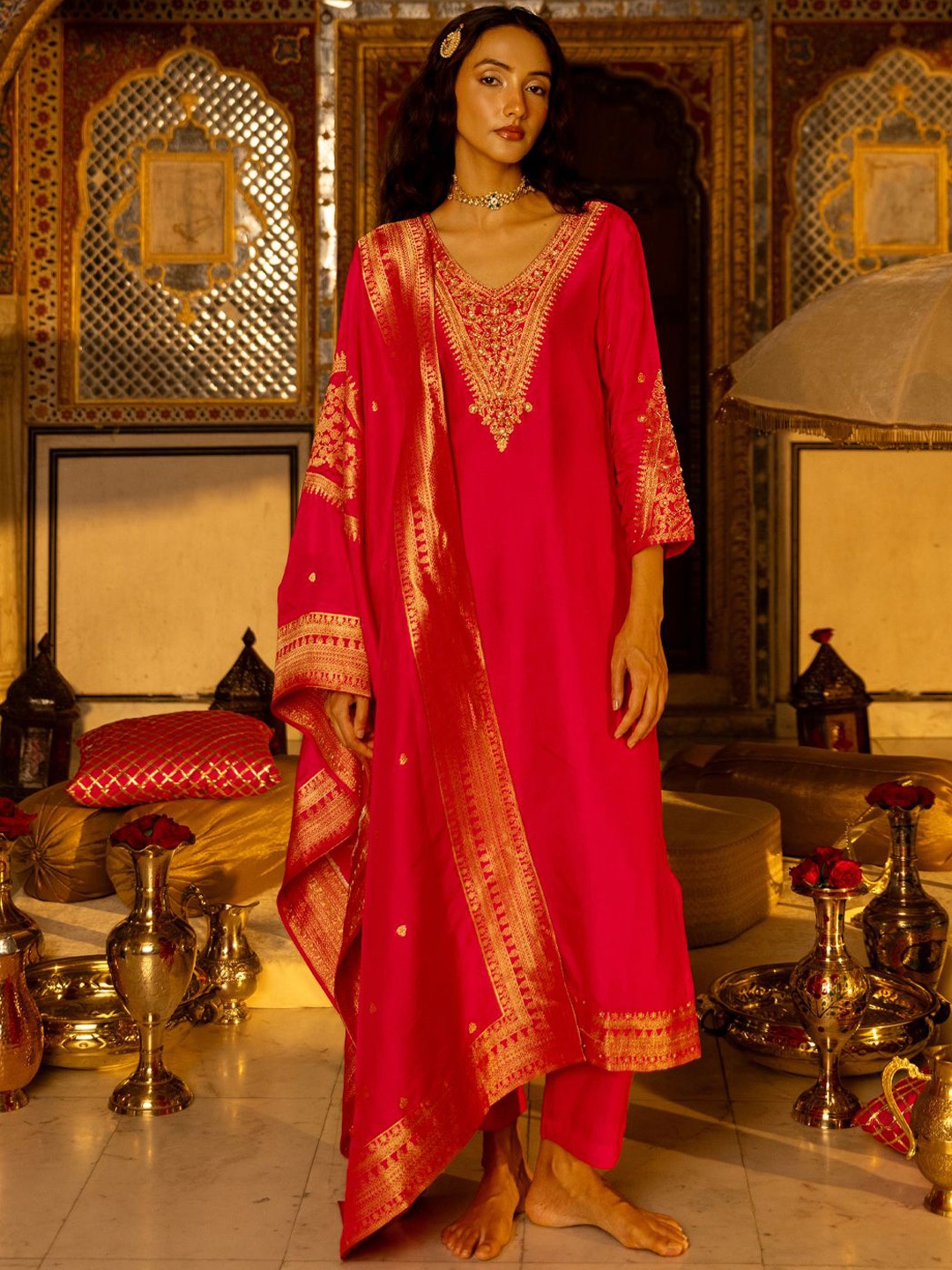 

FASHOR Pink and Gold Floral Embroidered Zari Straight Kurta with Trouser & Dupatta