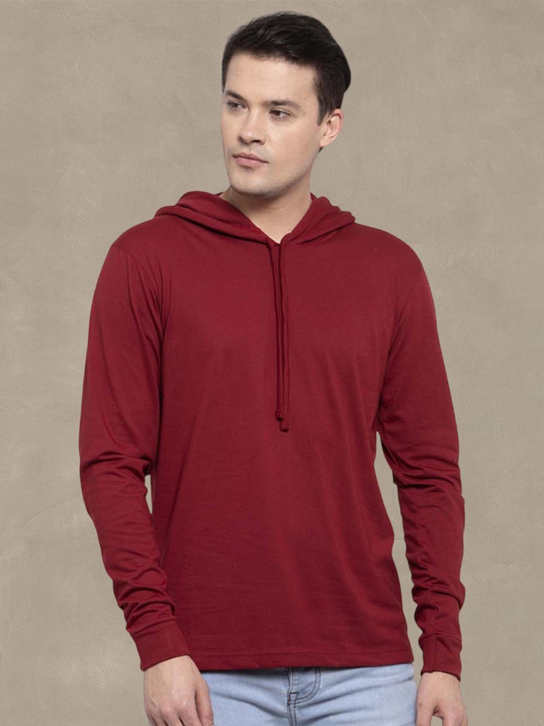 

Friskers Men Maroon Cotton Solid Hoodie T-shirt