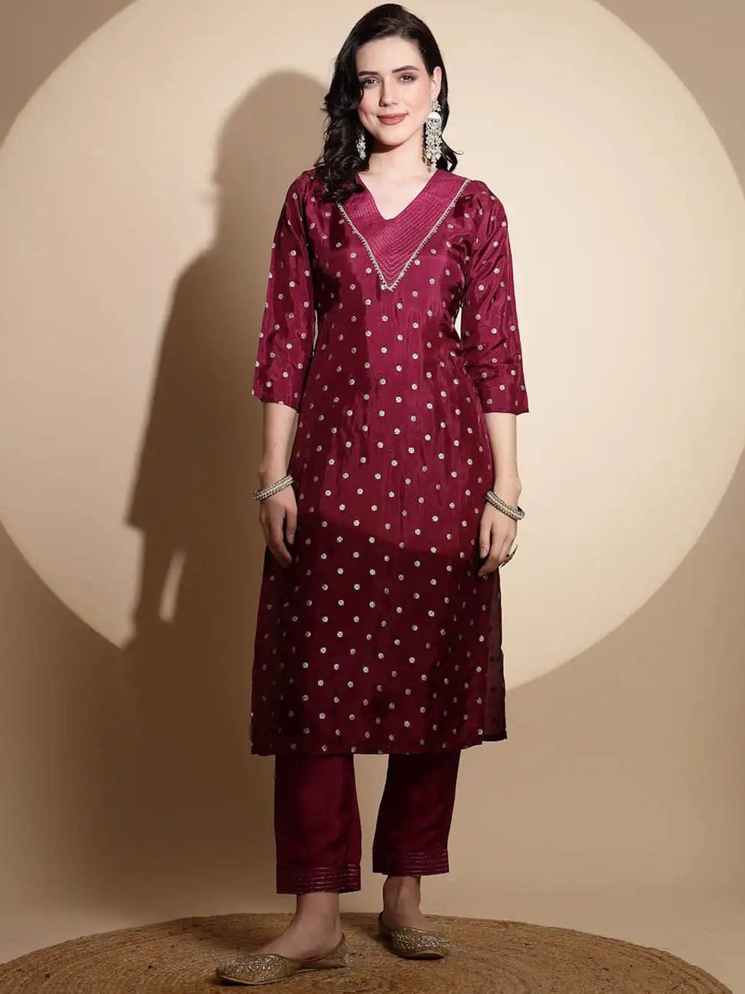 

Me&I V-Neck Floral Embroidered Sequinned Straight Kurta with Trousers, Purple