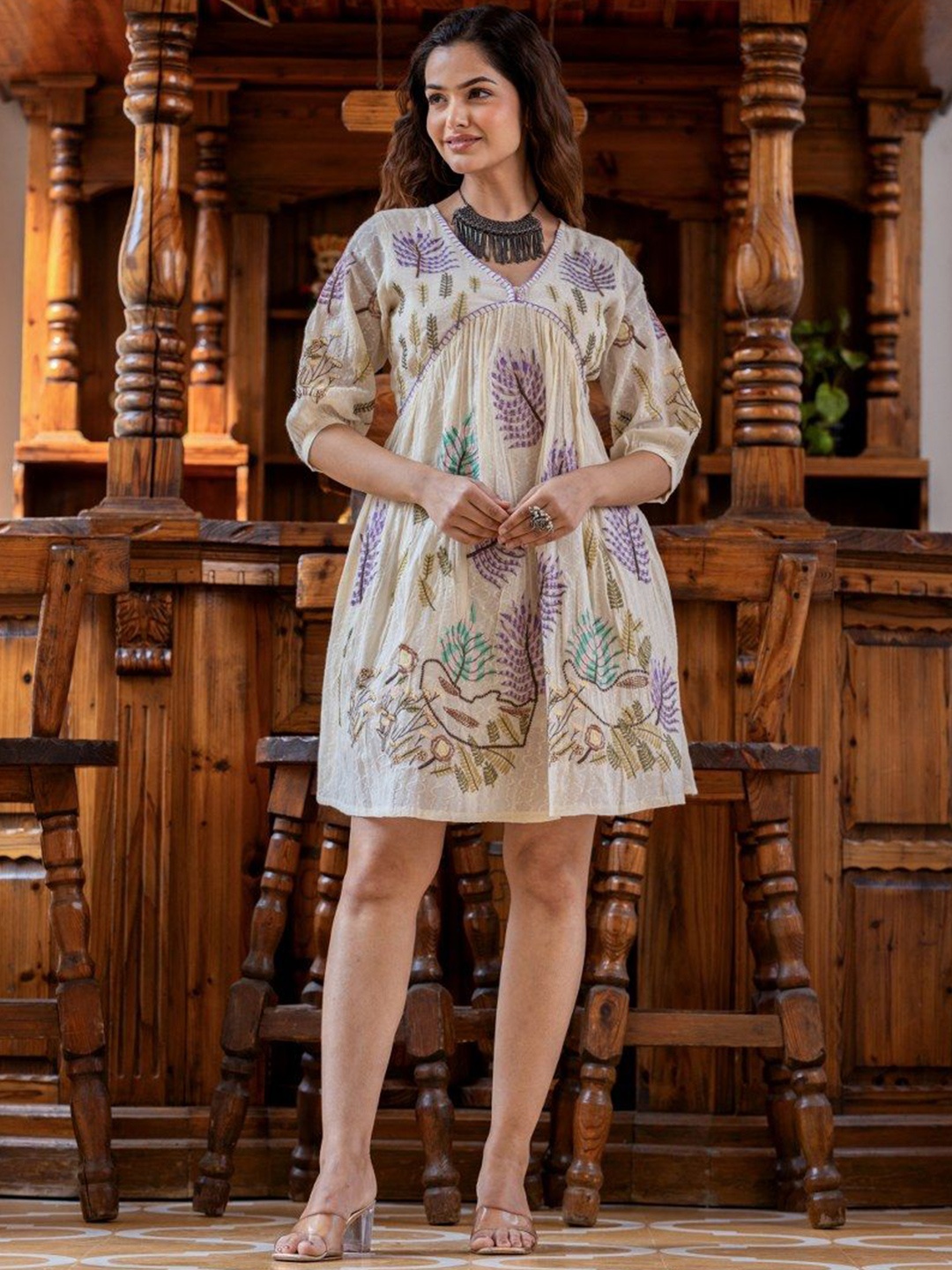 

CUSTARD Cotton Floral Embroidered Empire Dress, Off white