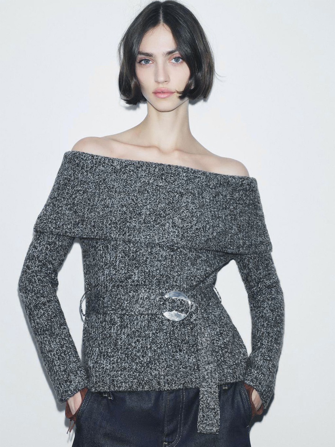 

LULU & SKY Women Bardot Knitted Sweater With Belt, Grey