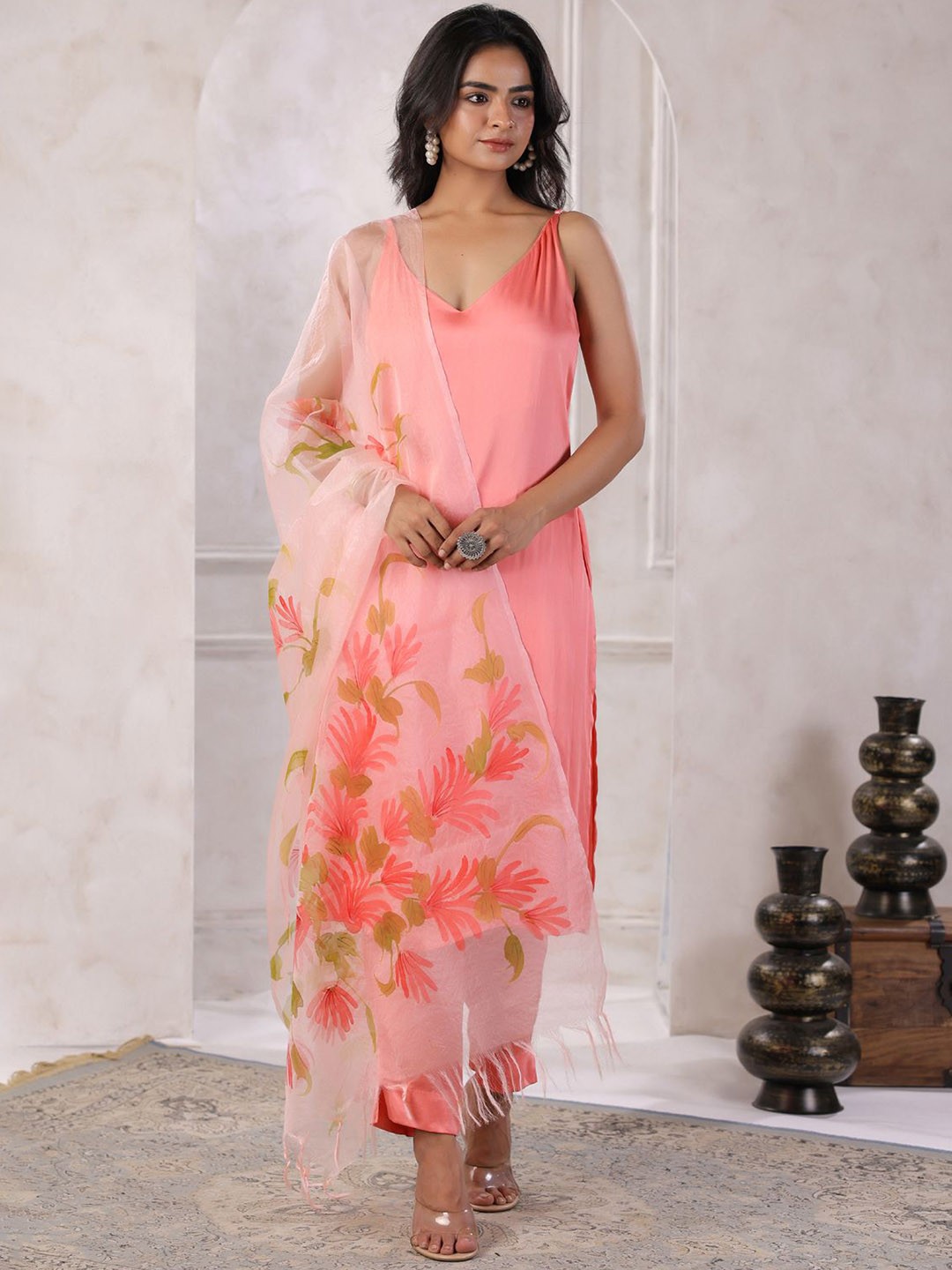 

Geroo Luxe V-Neck Satin Straight Kurta With Trousers & Dupatta, Peach