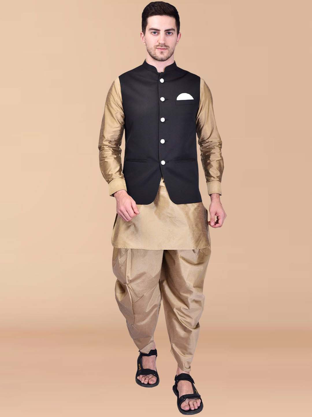 

PRINTINDIA Mandarin Collar Pure Silk Straight Kurta with Trousers, Beige