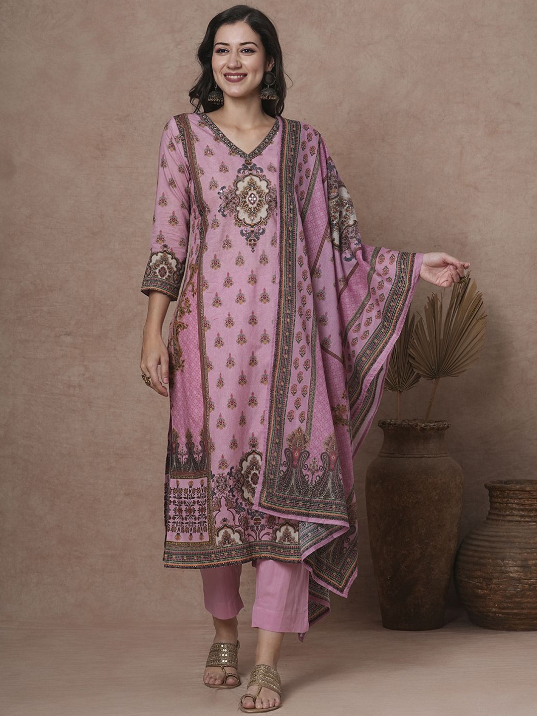 

FASHOR Pink Ethnic Motifs Printed Pure Cotton Straight Kurta with Trouser & Dupatta