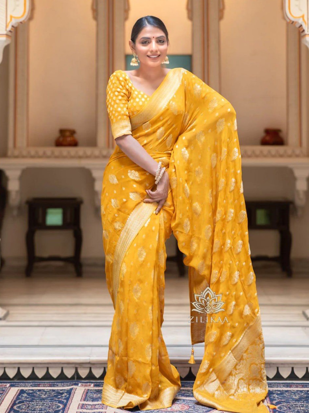 

Fashion Booms Ethnic Motifs Woven Design Zari Pure Silk Banarasi Saree, Yellow