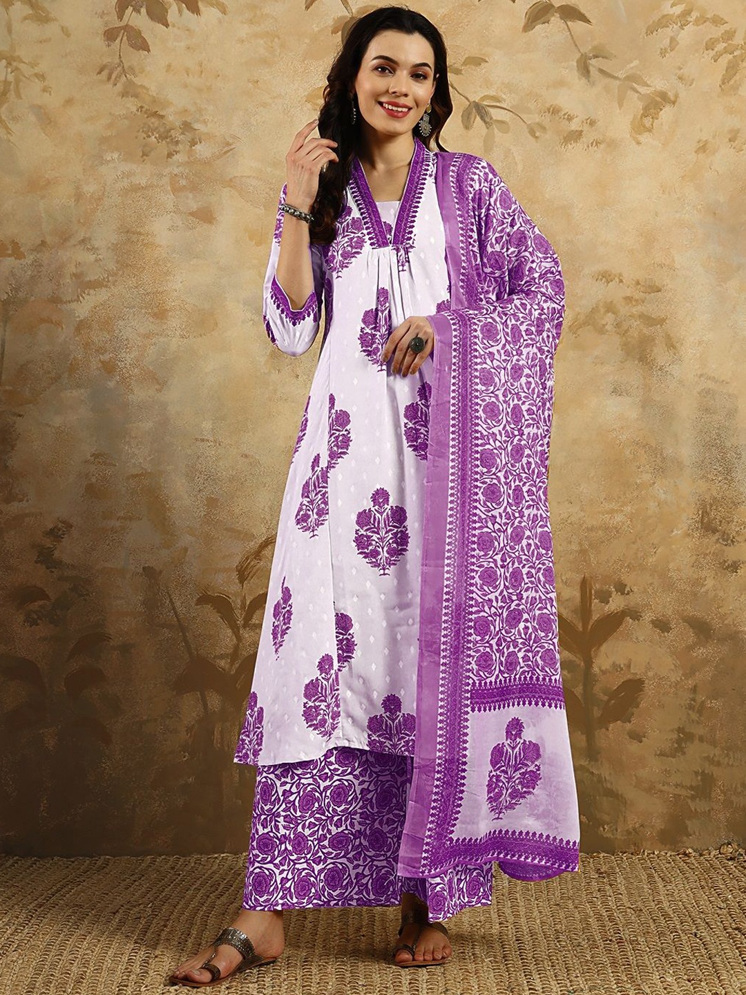 

KALINI Floral Printed Empire A-Line Kurta with Trousers & Dupatta, Purple