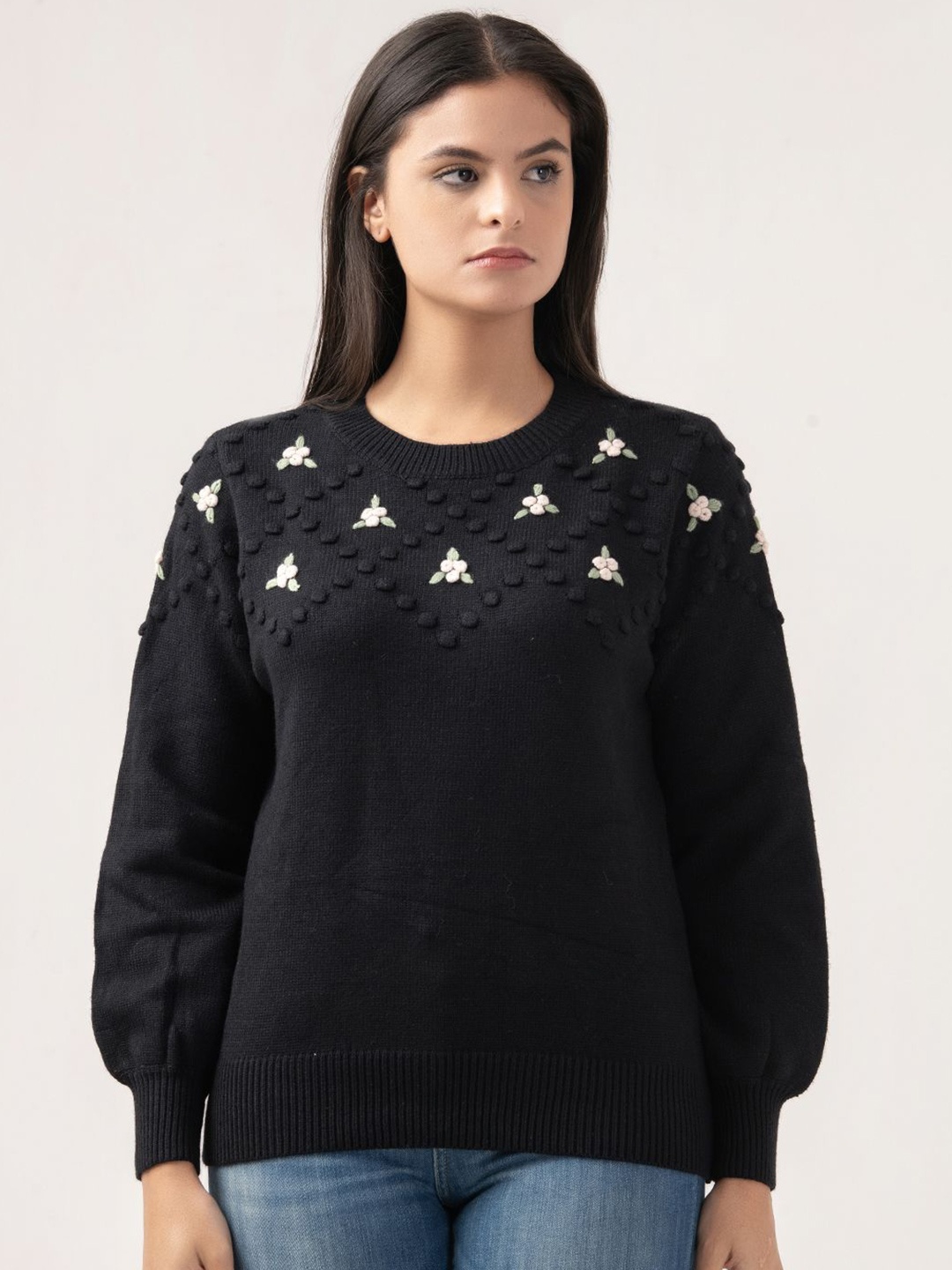 

Albion By CnM Women Self Design Ribbed Pullover Sweater, Black