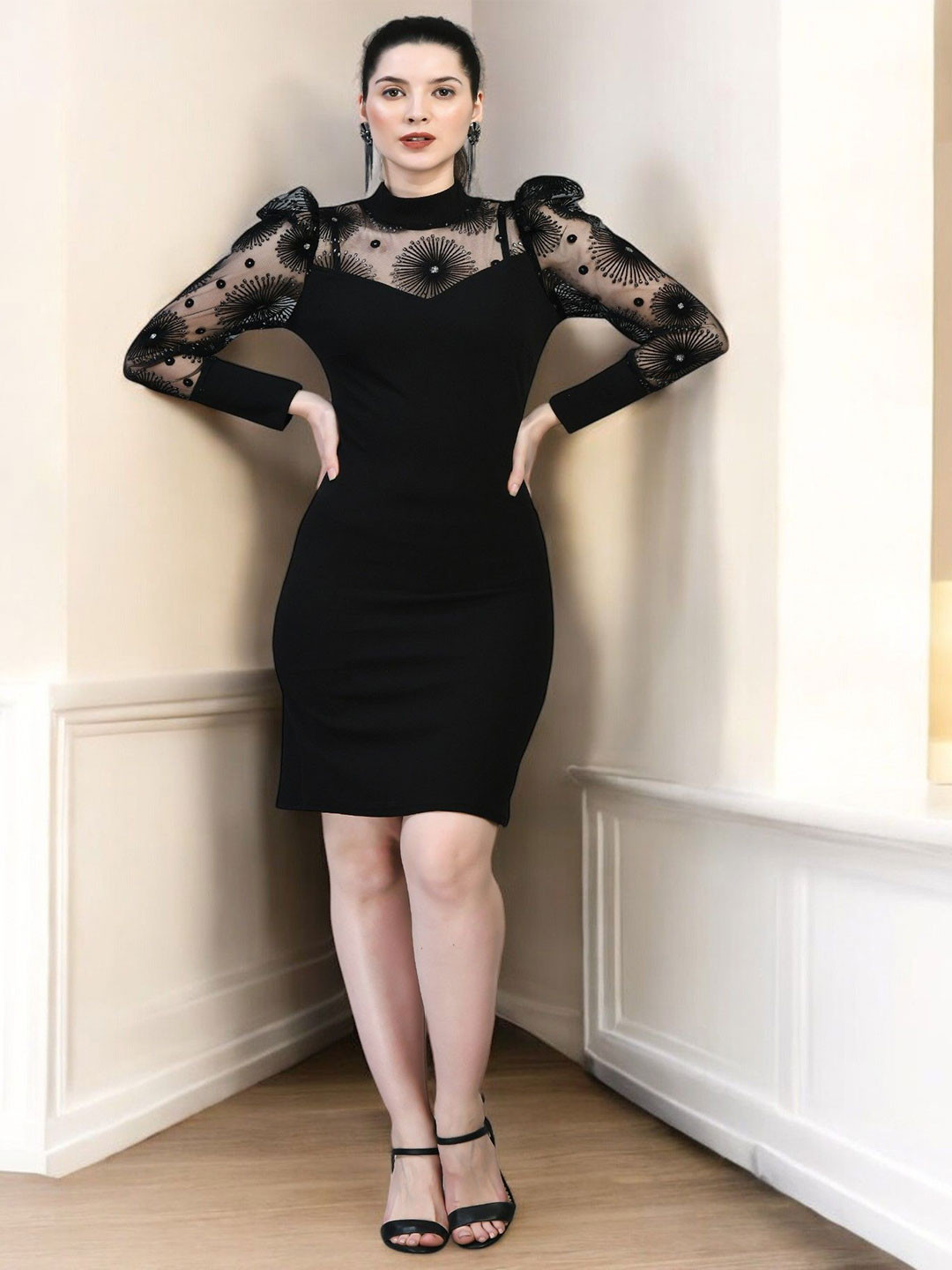 

BAESD Women Puff Sleeves Bodycon Dress, Black