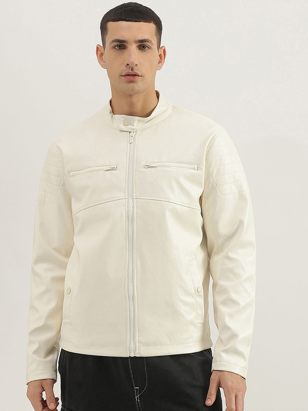 

United Colors of Benetton Men Mandarin Collar Solid Casual Leather Jacket, White