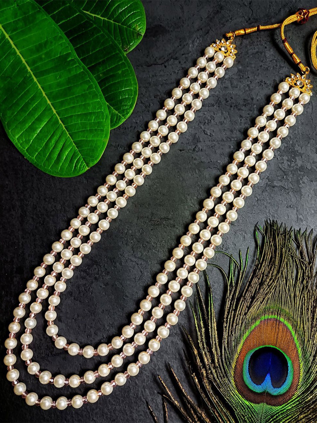 

Radhe Creation Men Gold-Plated Kundan & Pearl Studded Three Layered Necklace, White