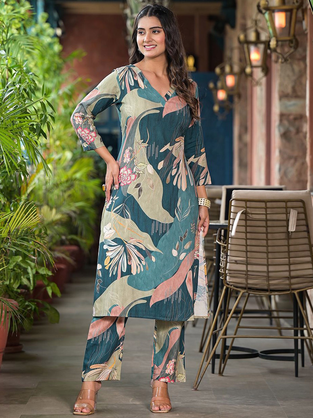 

Anouk Teal Floral Printed Straight Kurta With Trouser