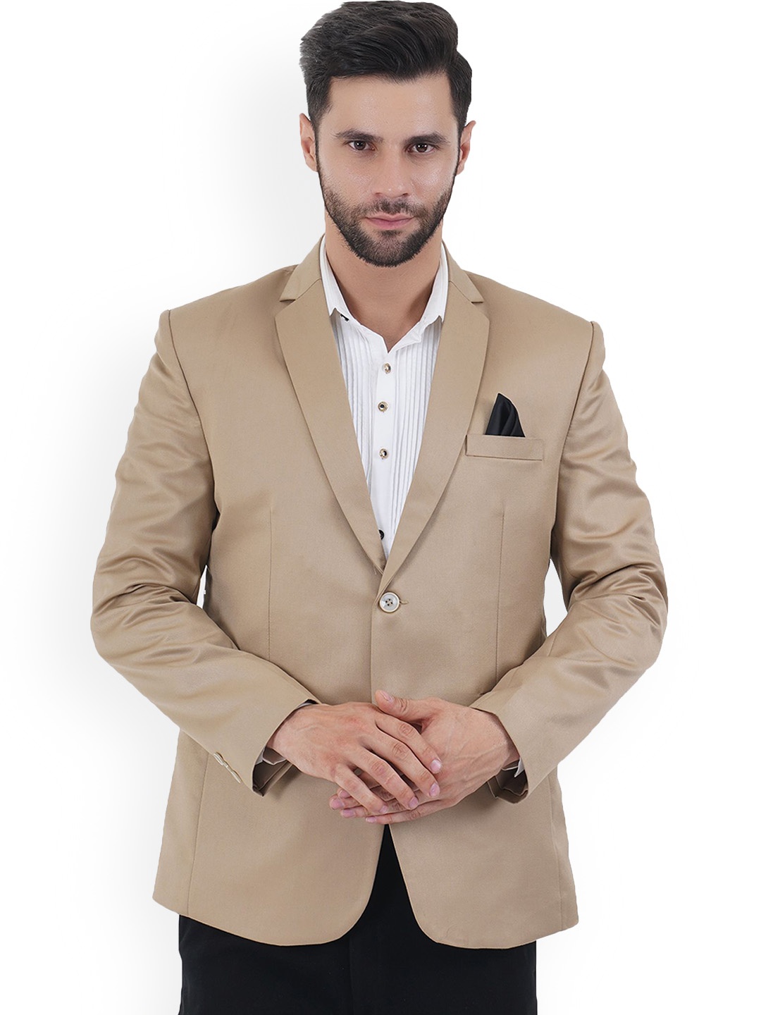 

Yaqoot Notched Lapel Slim-Fit Single Breasted Formal Blazer, Beige