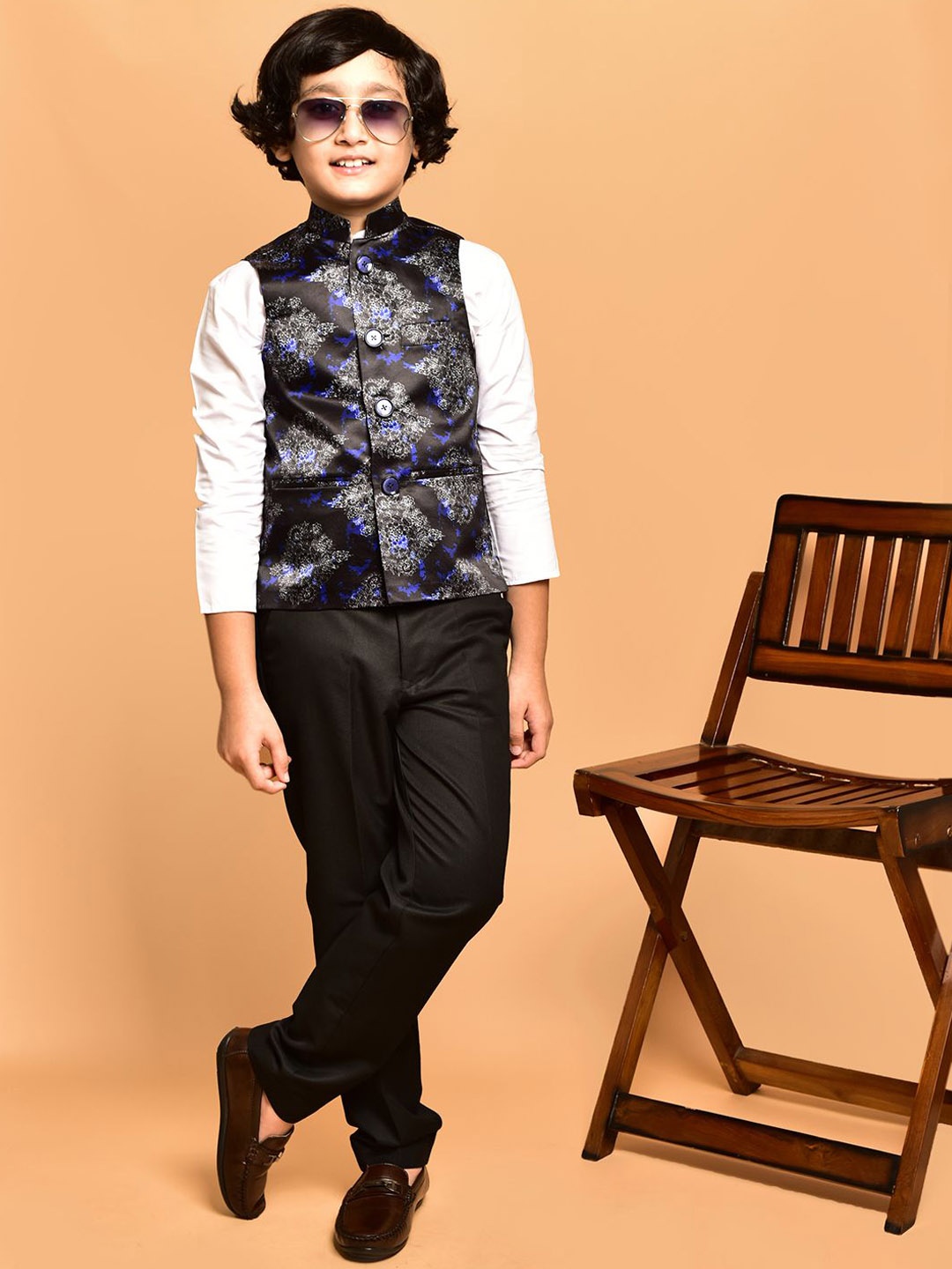 

PRINTINDIA Boys Printed Satin Nehru Jacket, Black