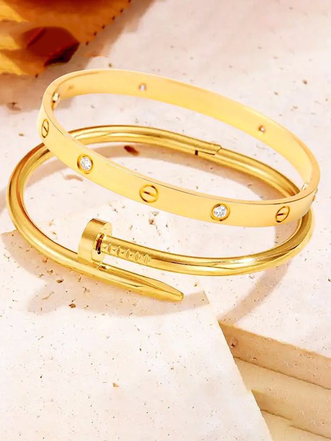 

MEENAZ Set Of 2 Gold-Plated AD Studded Stainless Steel Anti Tarnish Kada Bracelet