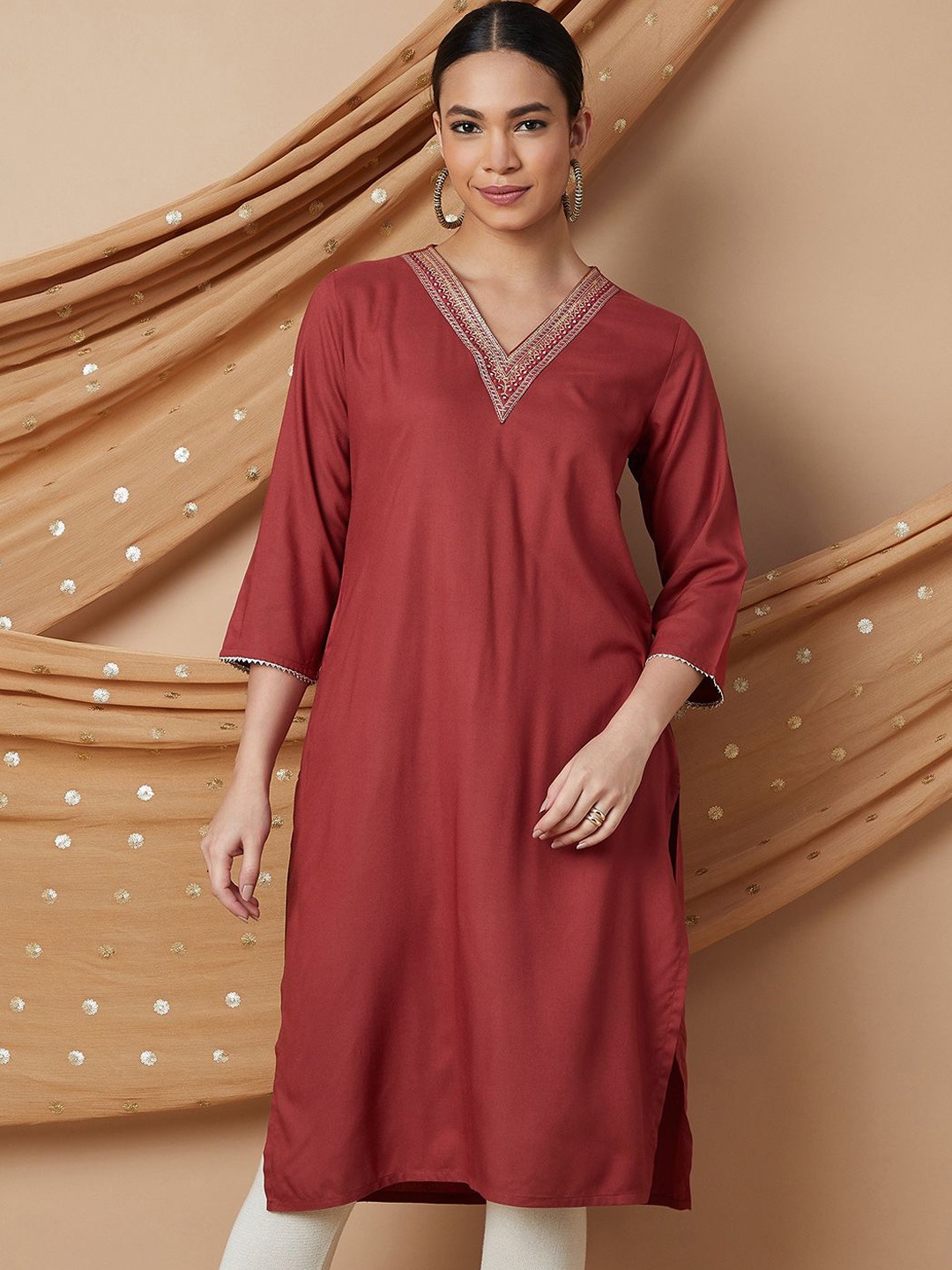 

Melange by Lifestyle V-Neck Gotta Patti Straight Kurta, Maroon