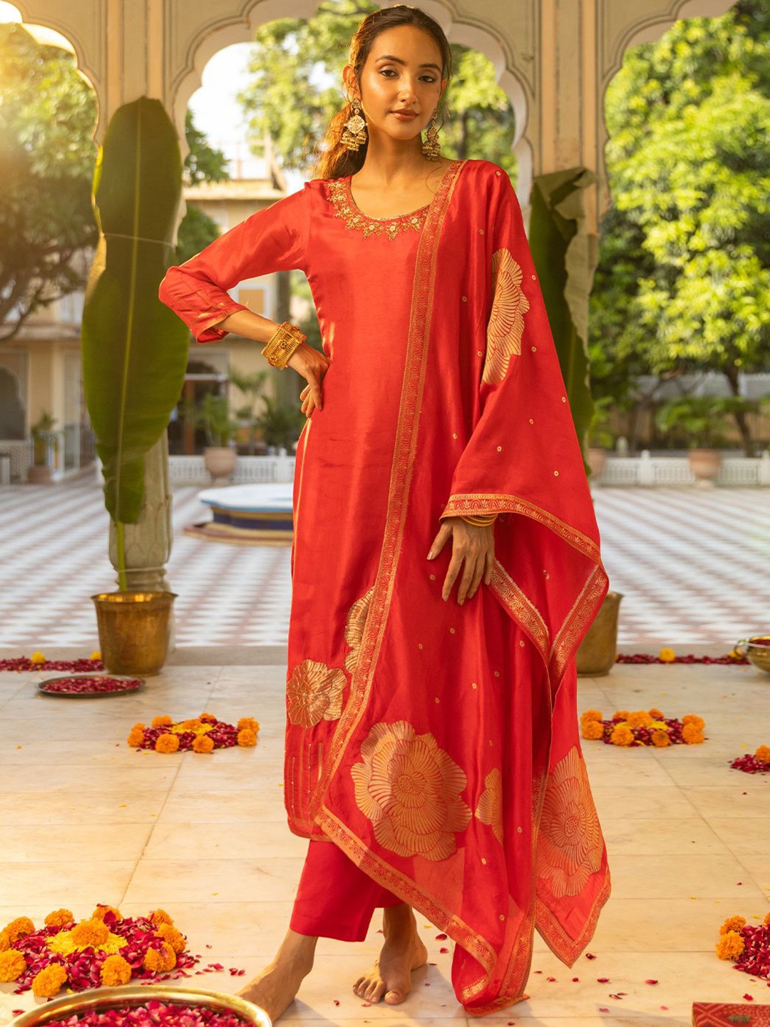 

FASHOR Floral Embroidered Sequinned Straight Kurta With Trousers & Dupatta, Red