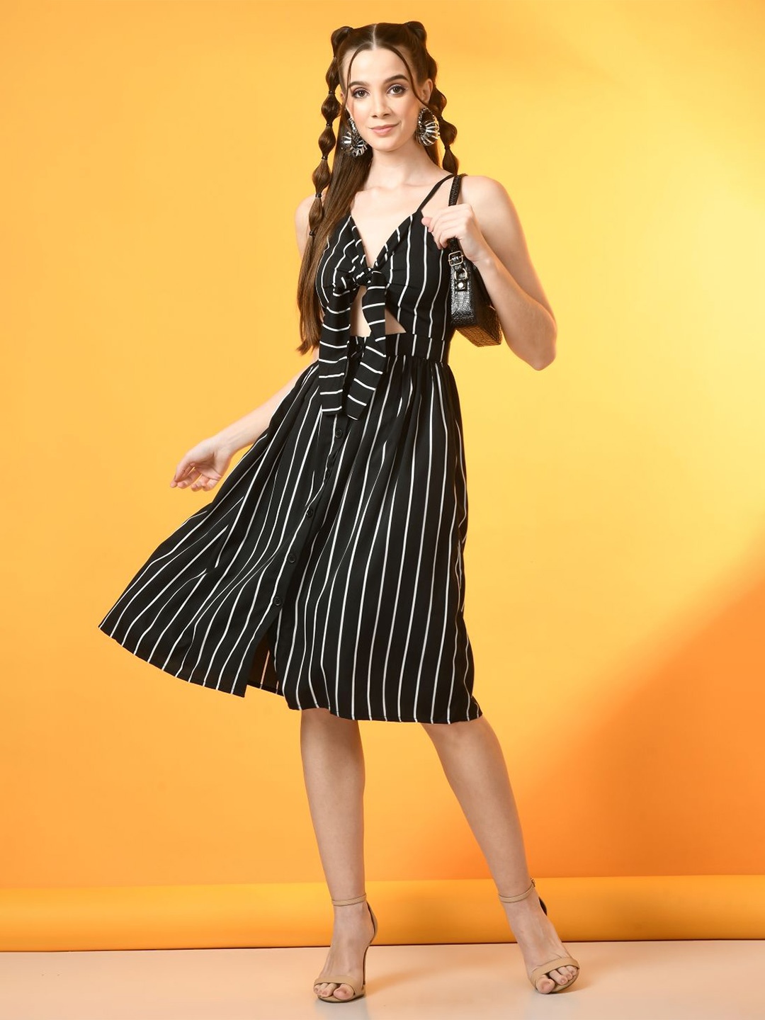 

PRETTY LOVING THING Women Striped Fit & Flare Dress, Black