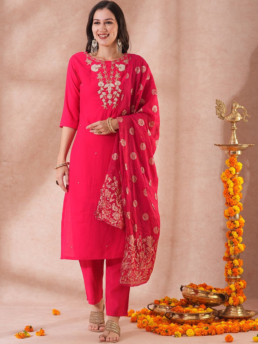 

FASHOR Pink Floral Embroidered Beads and Stones Straight Kurta with Trouser & Dupatta