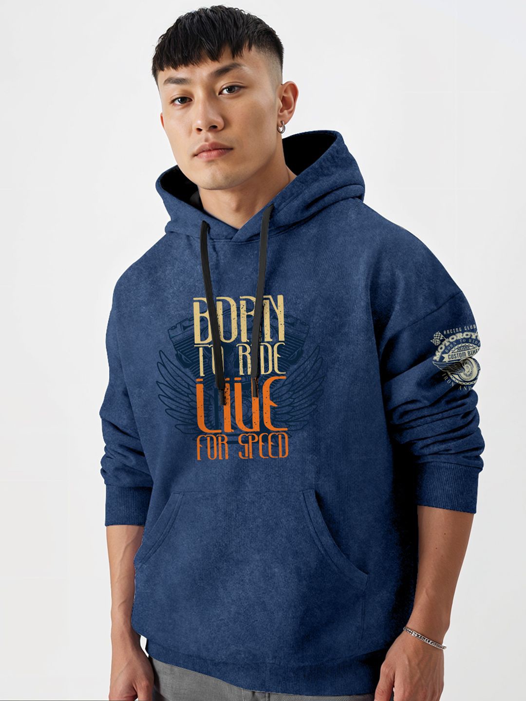 

Crazymonk Men Printed Cotton Hooded Sweatshirt, Blue
