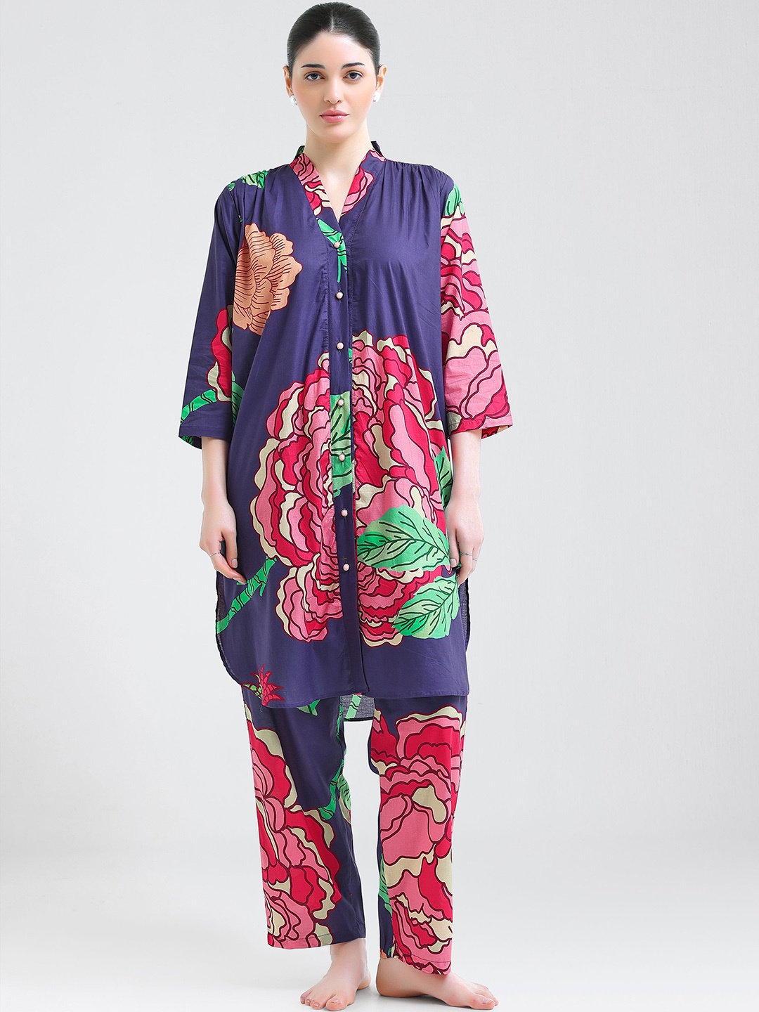 

I like me Navy Blue and Pink V-Neck Floral Printed Pure Cotton Tunic With Trouser