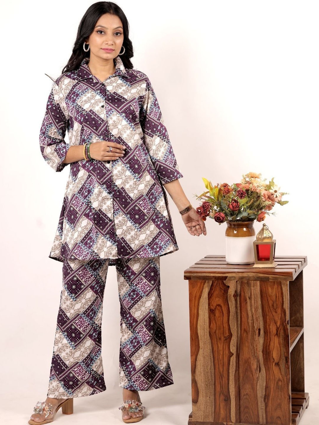 

NIJANAND TEXTILE Shirt Collar Printed Pure Cotton Top With Trouser, Beige