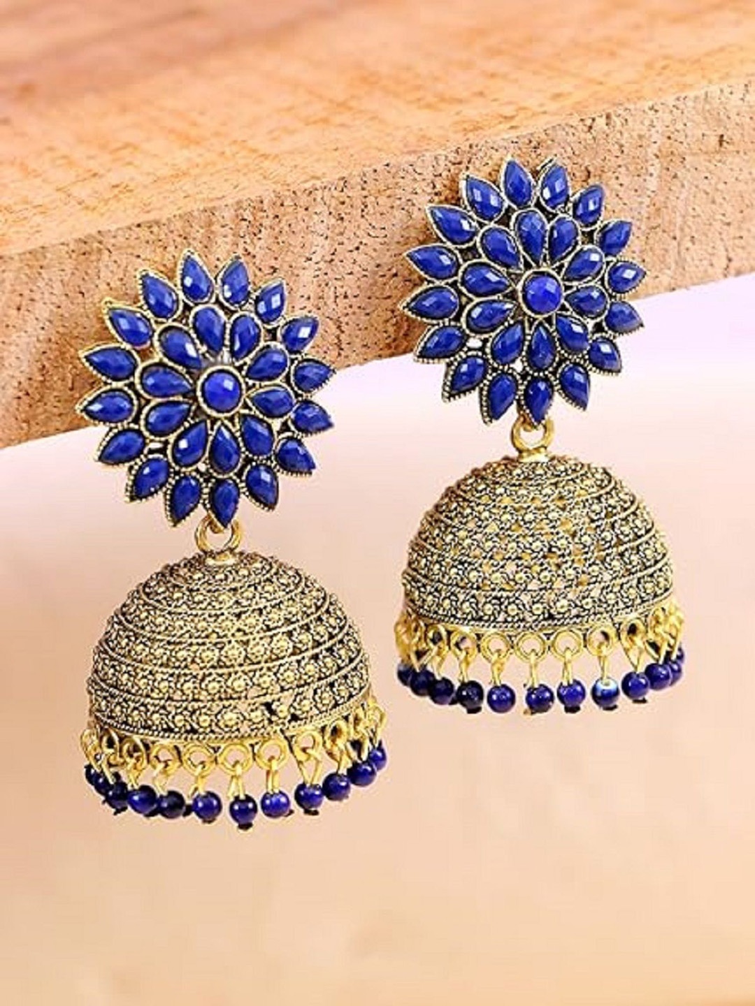 

JMBW INTERNATIONAL Gold-Plated Beaded Dome Shaped Jhumkas, Blue