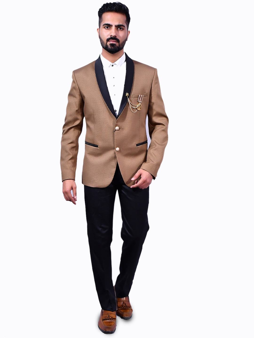 

Yaqoot Printed Slim Fit Single Breasted Tuxedo Blazer, Brown