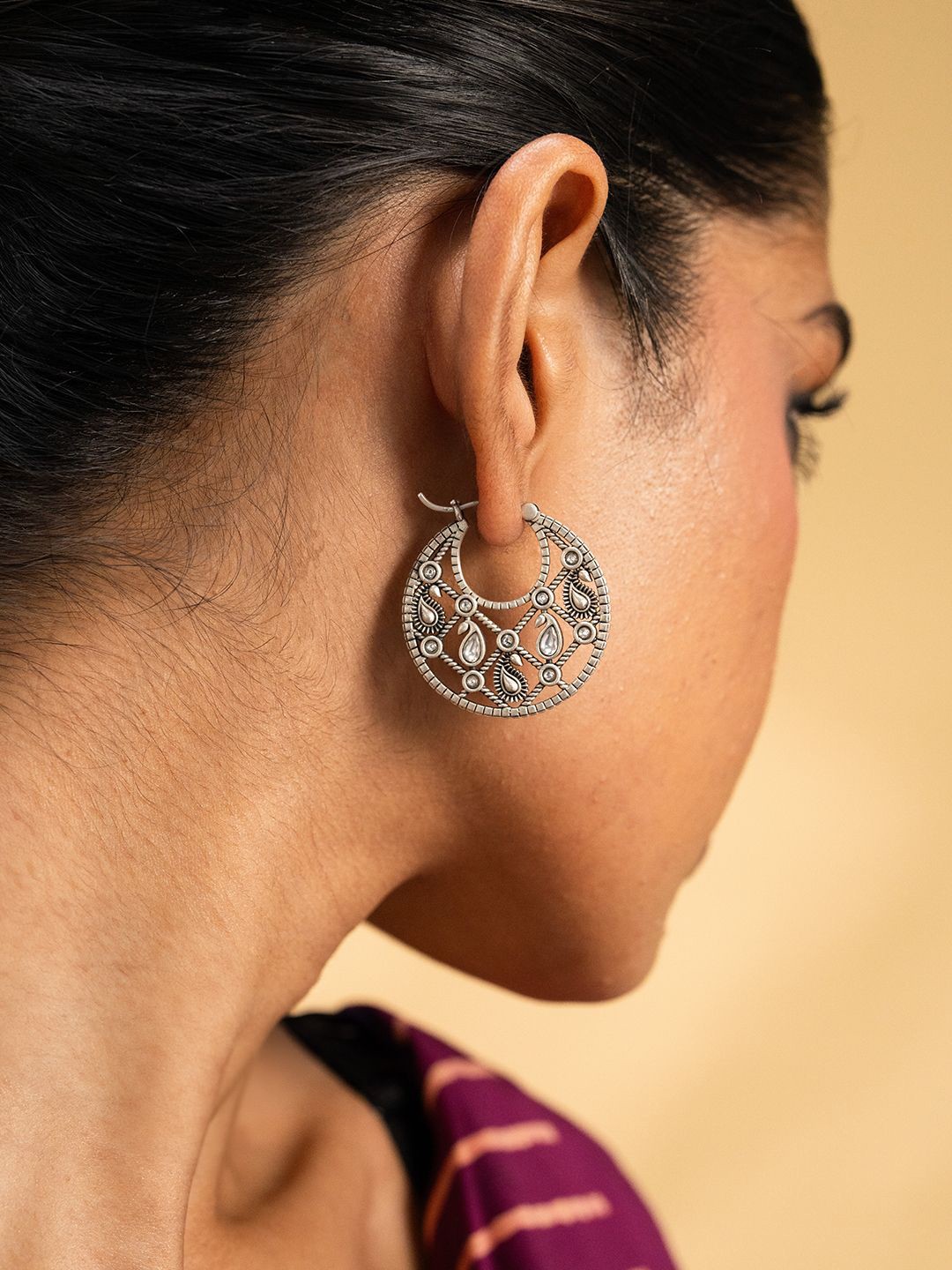 

SHAYA 925 Sterling Silver Artificial Stones Studded Contemporary Half Hoop Earrings