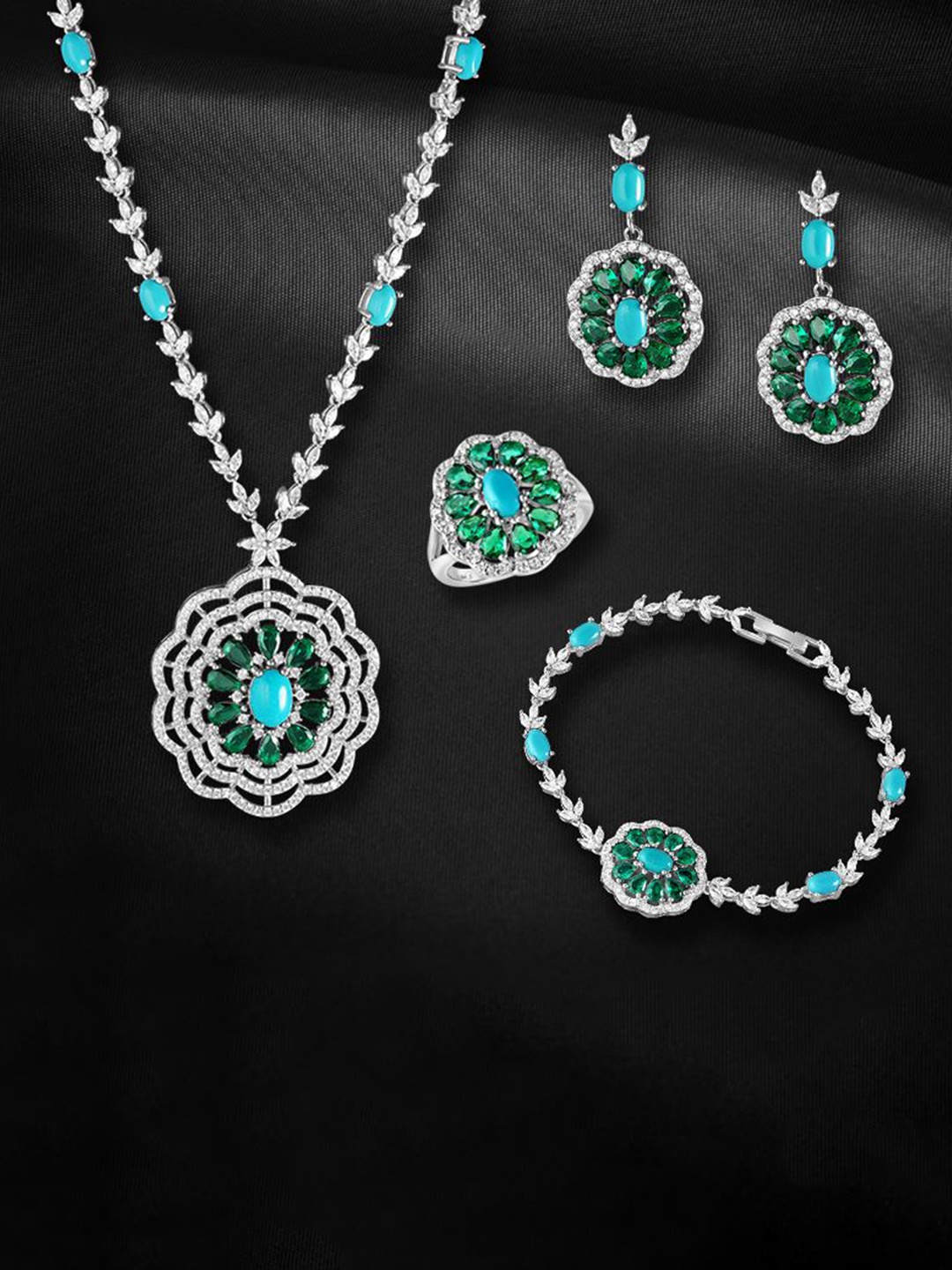 

Tuanz Silver Jewelry 925 Sterling Silver Rhodium Plated CZ Stone Studded Jewellery Set