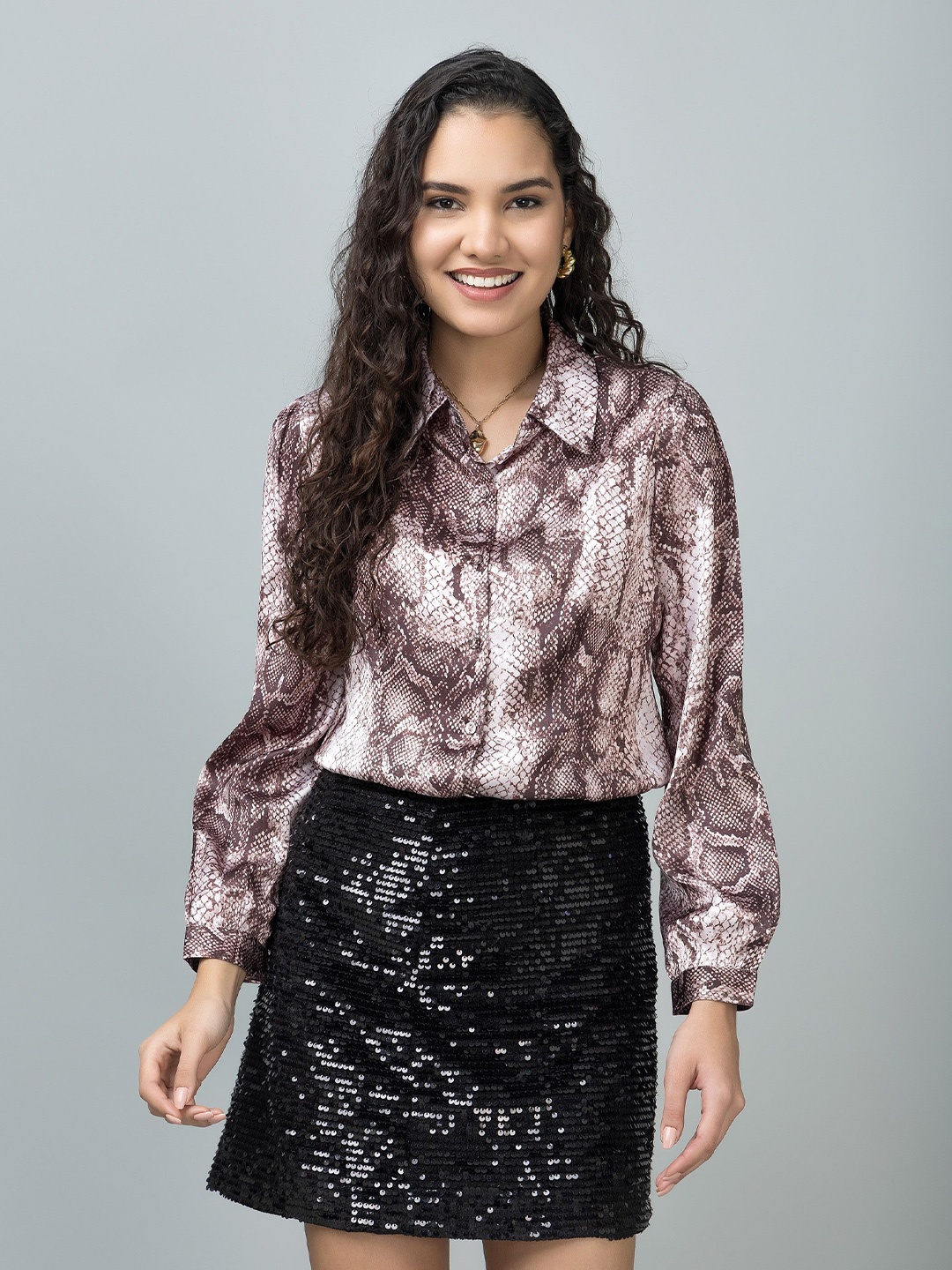 

PURYS Women Standard Animal Skin Printed Casual Satin Shirt, White