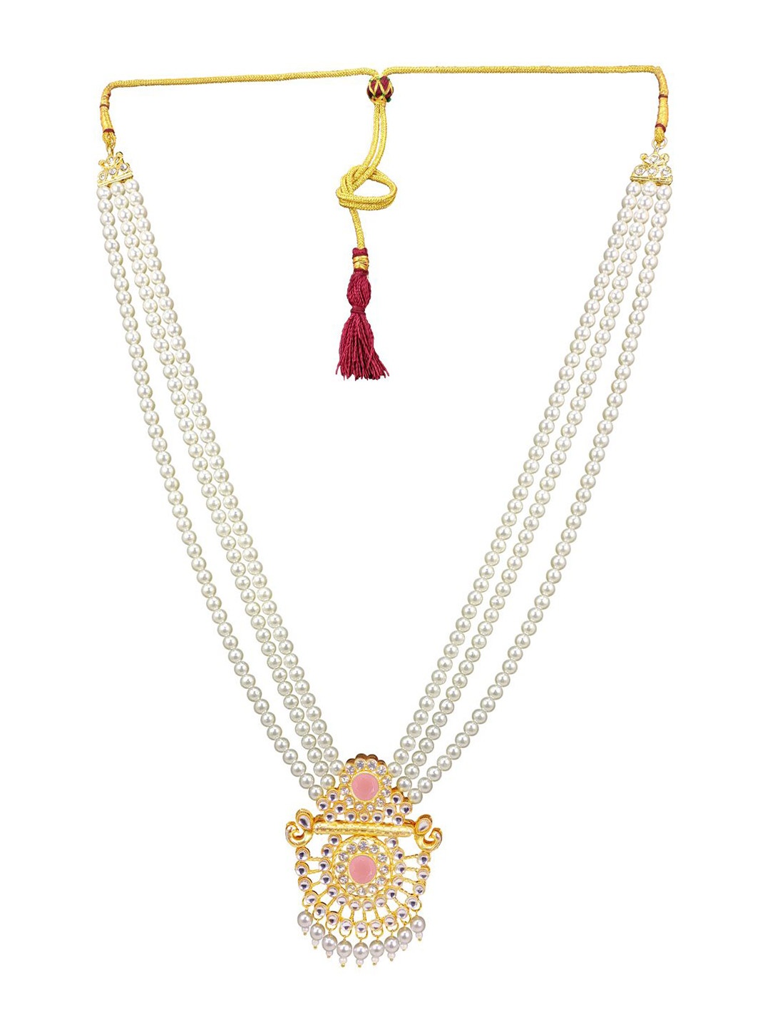 

Radhe Creation Men Gold-Plated Kundan & Pearl Studded Three Layered Necklace, White