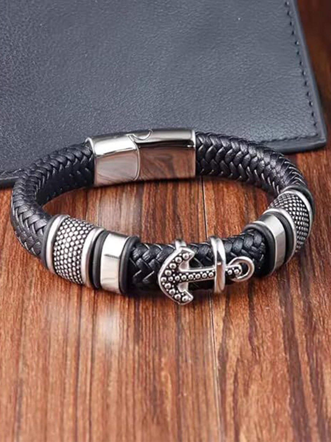 

THE MEN THING Men Leather Wraparound Bracelet, Black