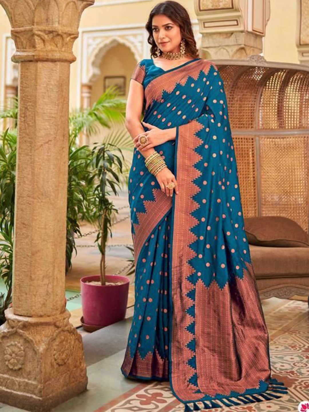 

Fashion Booms Polka Dots Woven Design Zari Pure Silk Banarasi Saree, Blue