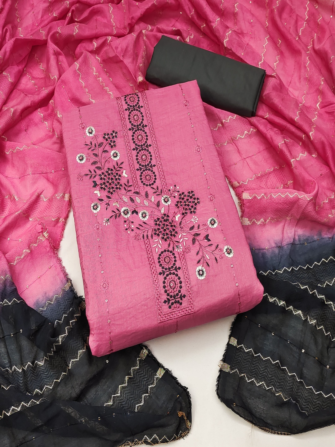 

Maroosh Floral Embellished Sequinned Cotton Blend Unstitched Dress Material, Pink