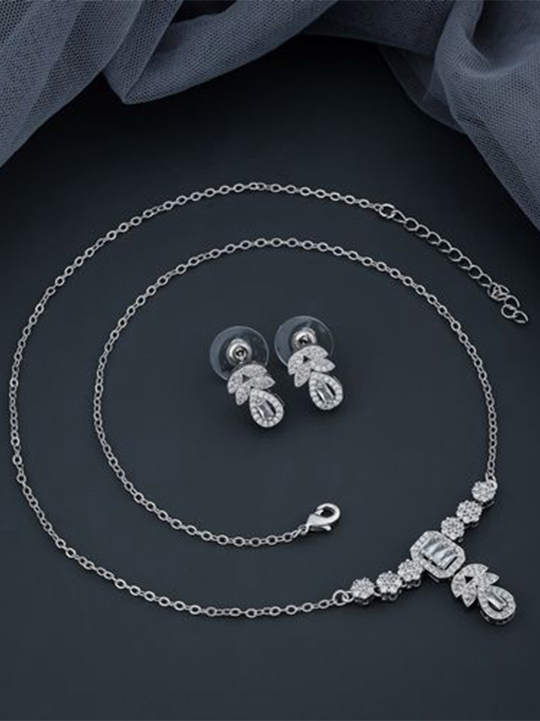 

SKY SHOPPERS Silver-Plated CZ Stone-Studded Jewellery Set