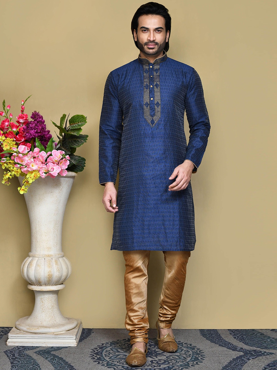 

RANAK Ethnic Motifs Printed Mandarin Collar Straight Kurta, Blue