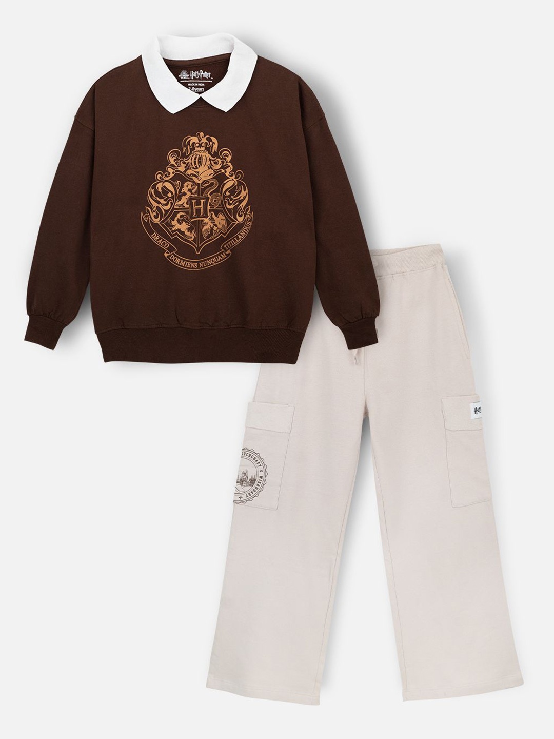 

Nap Chief Girls Harry Potter Hogwarts Emblem Pure Cotton Oversized Polo Sweatshirt & Pant, Brown