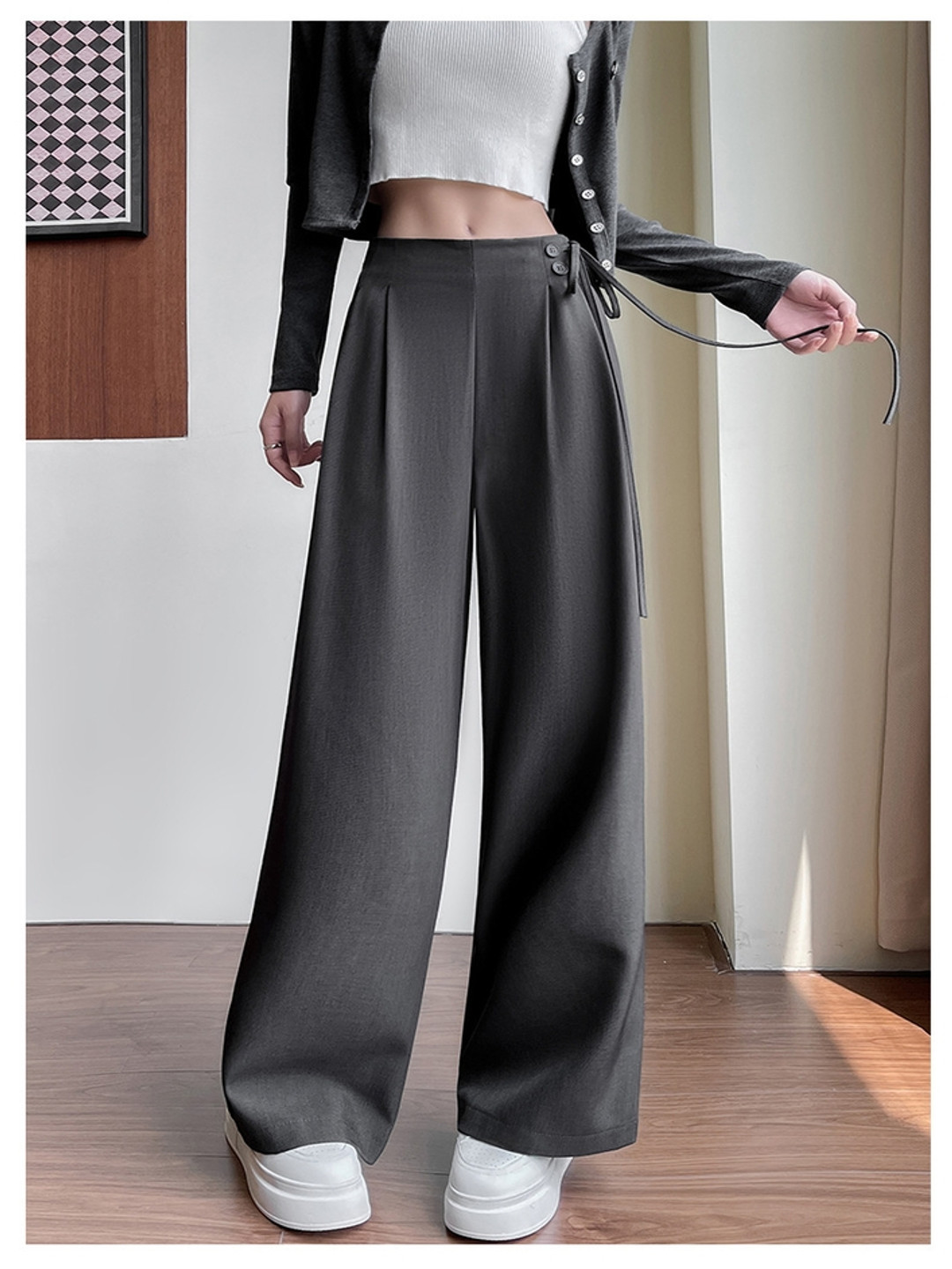 

LULU & SKY Women Loose Fit Tie Up Details Wide Trousers, Grey