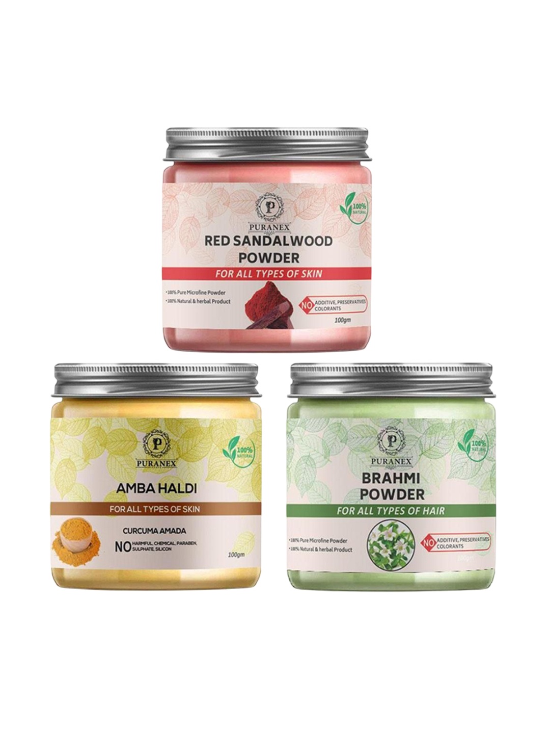 

Puranex Set Of 3 Red Sandal Wood, Amba Haldi & Brahm Skin & Hair Powder-100 g Each, White