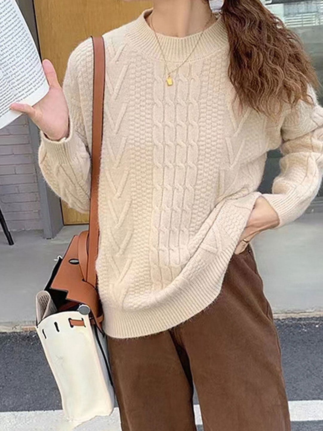 

LULU & SKY Women Open Knit Pullover, Beige