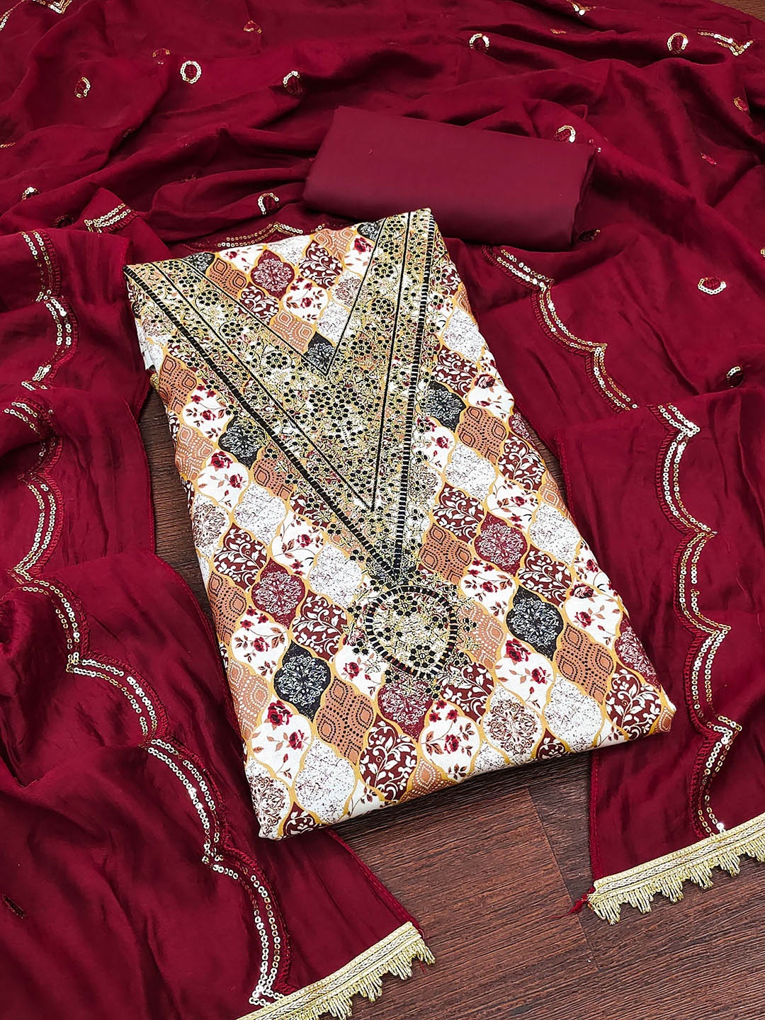 

Maroosh Ethnic Motifs Embroidered Sequinned Unstitched Dress Material, White